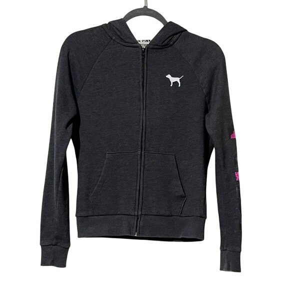 Victorias Secret Pink Size XS Black Hoodie With Floral Sleeve & Logo Detail - Picture 1 of 11